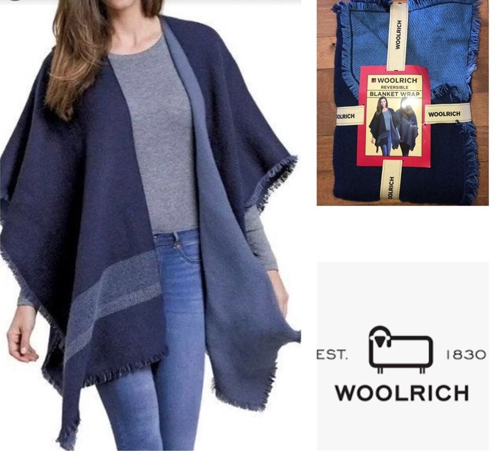 Woolrich Reversible Blanket Wrap, shawl cardigan Blue one size NWT